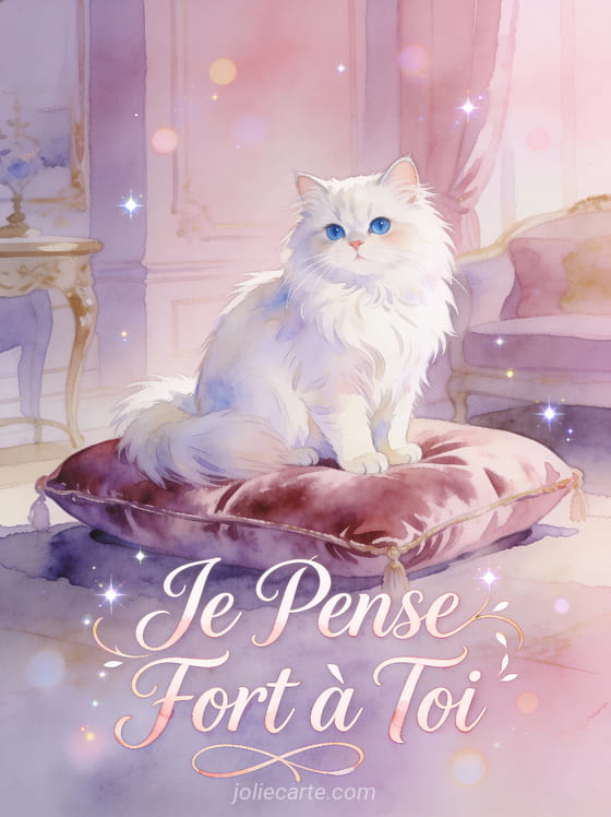 Chat persan blanc aux yeux bleus sur un coussin de velours avec le texte Je Pense Fort à Toi
