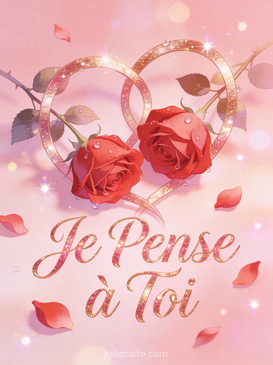 Deux roses rouges entrelacées avec des gouttes de rosée et le texte Je Pense à Toi