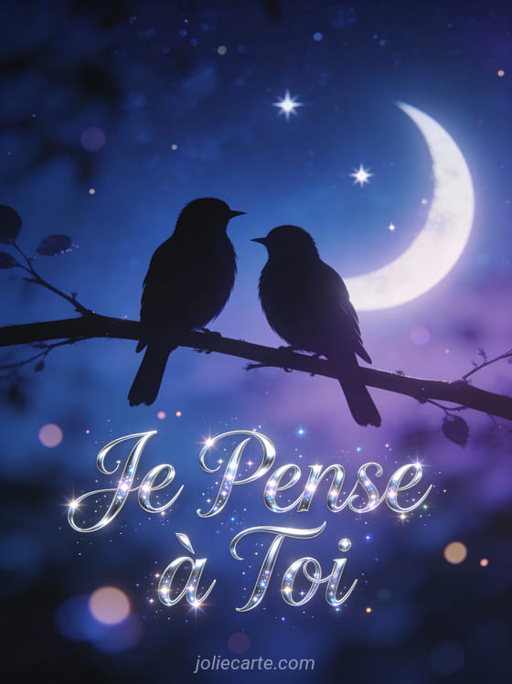 Ciel nocturne avec croissant de lune et étoiles, silhouette de deux oiseaux sur une branche