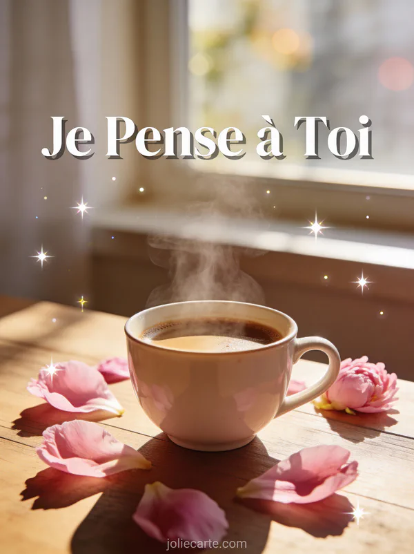 Tasse de café fumante sur table en bois avec pétales de pivoine roses et le texte Je Pense à Toi
