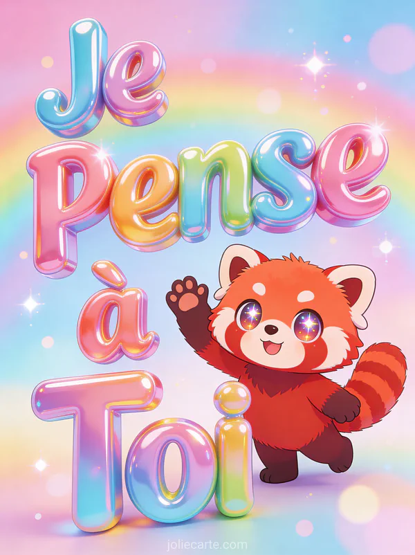 Panda roux cartoon mignon qui fait coucou sur fond pastel arc-en-ciel avec le texte Je Pense à Toi
