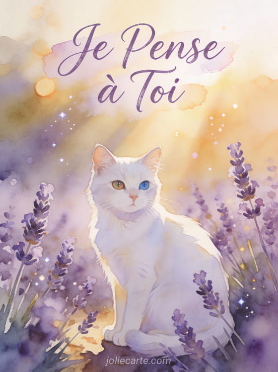 Chat blanc aux yeux vairons assis élégamment parmi des fleurs de lavande avec le texte Je Pense à Toi