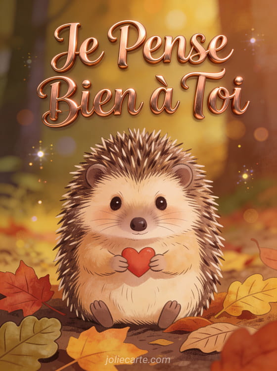 Hérisson mignon tenant un petit coeur rouge parmi les feuilles d'automne avec le texte Je Pense Bien à Toi