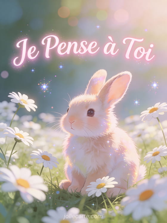 Lapin blanc duveteux assis dans un champ de marguerites avec le texte Je Pense à Toi