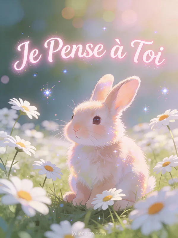 Lapin blanc duveteux assis dans un champ de marguerites avec le texte Je Pense à Toi