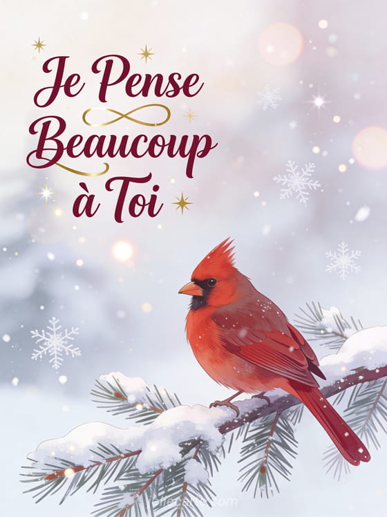 Cardinal rouge perché sur une branche de pin enneigée avec flocons et le texte Je Pense Beaucoup à Toi