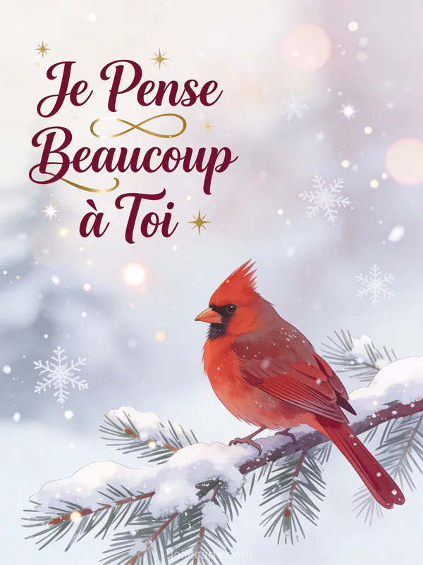Cardinal rouge perché sur une branche de pin enneigée avec flocons et le texte Je Pense Beaucoup à Toi