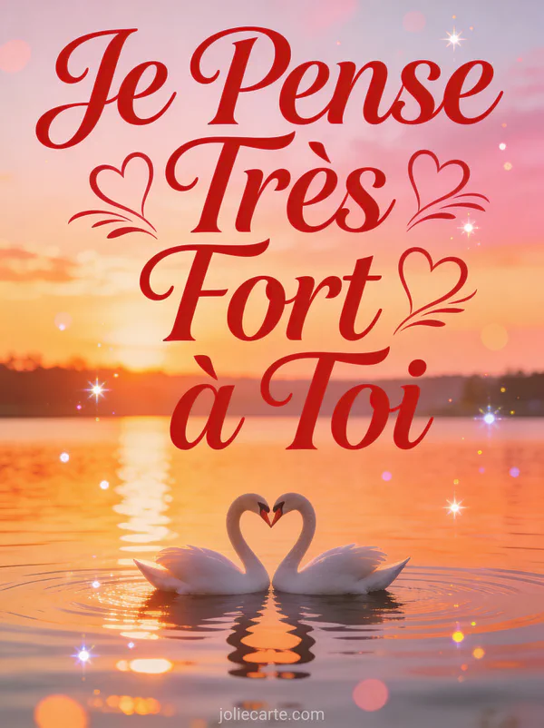 Deux cygnes formant un coeur sur un lac calme au coucher du soleil avec le texte Je Pense Très Fort à Toi