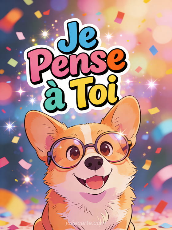 Corgi cartoon souriant avec des lunettes surdimensionnées et confettis colorés avec le texte Je Pense à Toi