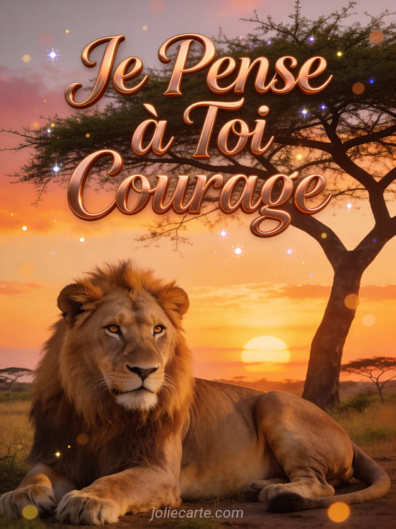 Lion majestueux aux yeux sages sous un acacia au coucher du soleil avec le texte Je Pense à Toi Courage