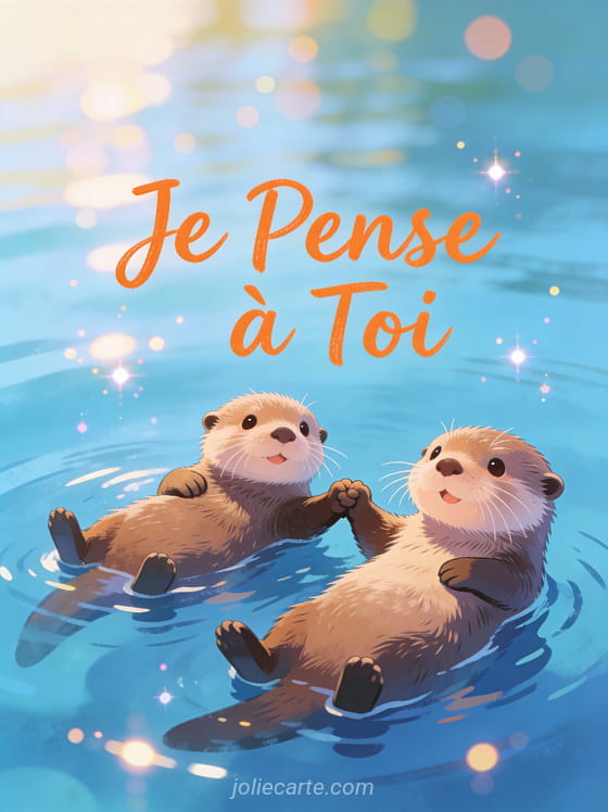 Deux loutres mignonnes se tenant la main dans une eau calme avec le texte Je Pense à Toi