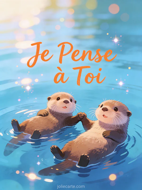 Deux loutres mignonnes se tenant la main dans une eau calme avec le texte Je Pense à Toi