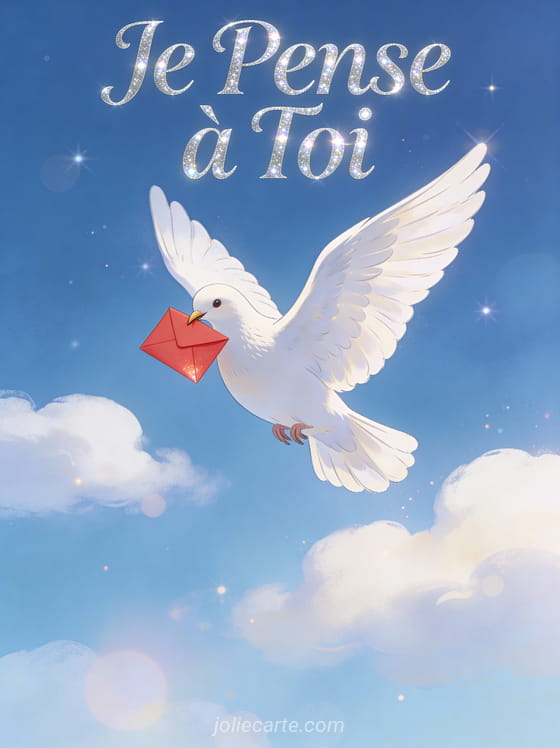 Colombe blanche élégante portant une petite enveloppe rouge dans le ciel bleu avec le texte Je Pense à Toi