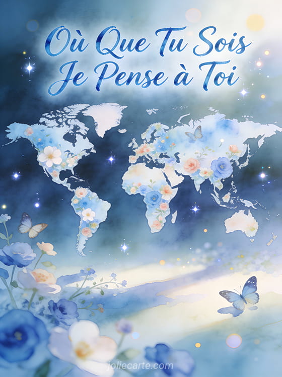 Carte du monde artistique faite de fleurs et papillons avec le texte Où Que Tu Sois Je Pense à Toi