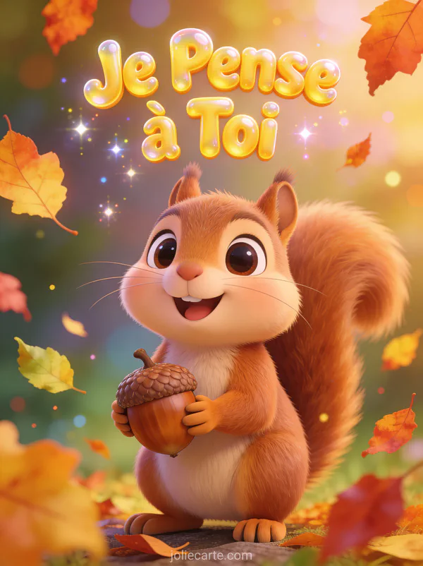 Écureuil cartoon joyeux tenant un gland parmi les feuilles d'automne colorées avec le texte Je Pense à Toi