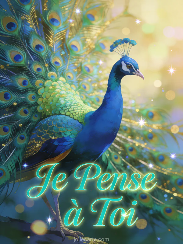 Paon gracieux avec sa queue déployée en tons bleu vert et or avec le texte Je Pense à Toi