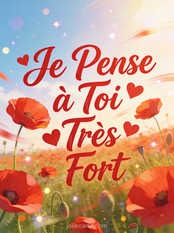 Champ de coquelicots rouges ondulant au vent sous le soleil avec le texte Je Pense à Toi Très Fort
