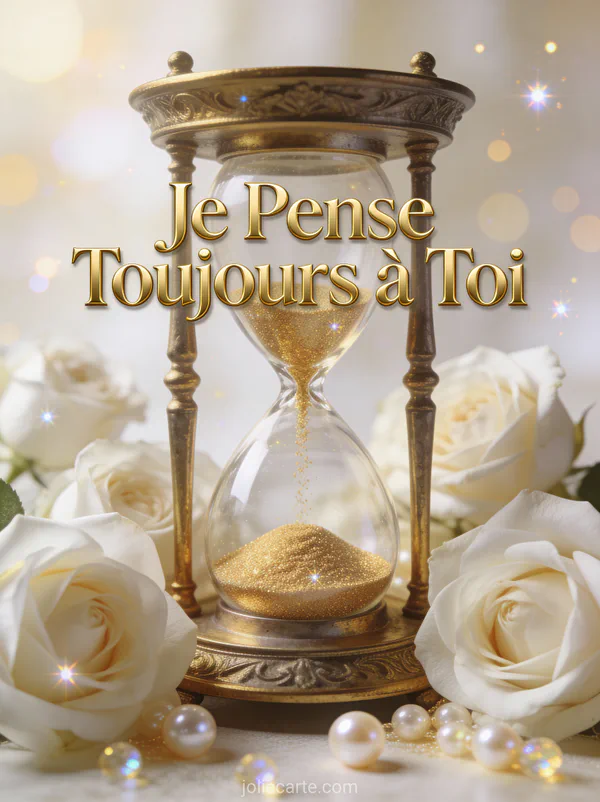 Sablier antique doré entouré de roses blanches et perles avec le texte Je Pense Toujours à Toi