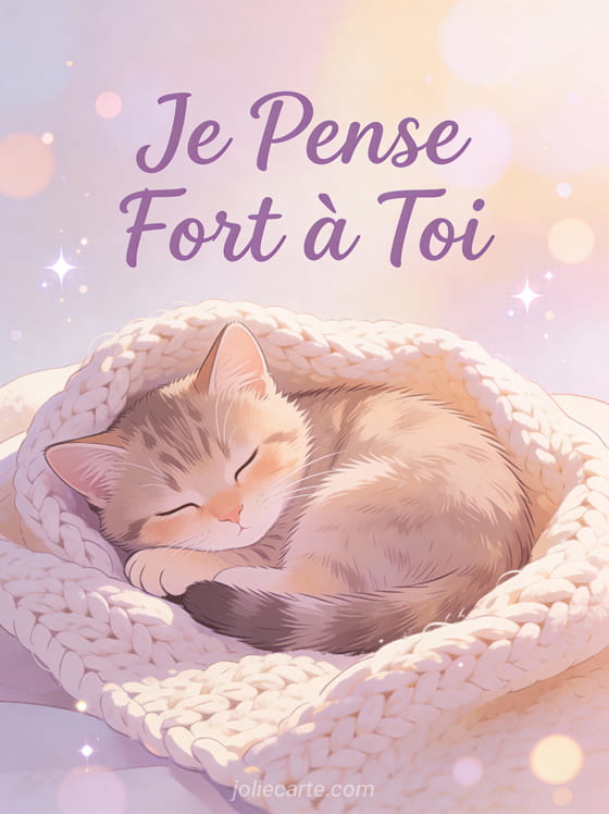 Chaton adorable endormi dans une couverture tricotée en tons pastel avec le texte Je Pense Fort à Toi