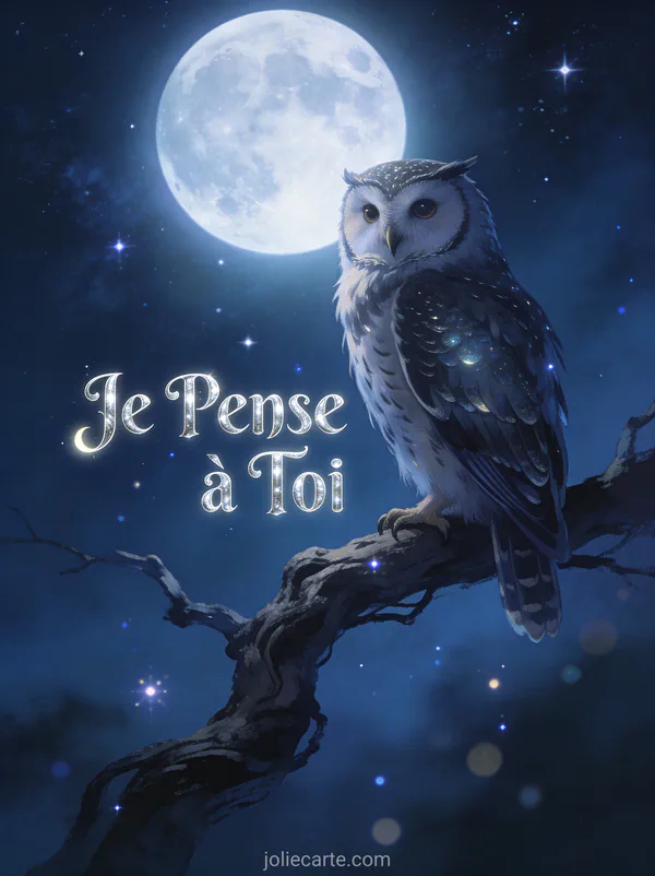 Hibou sage perché sur une branche sous la pleine lune et les étoiles avec le texte Je Pense à Toi