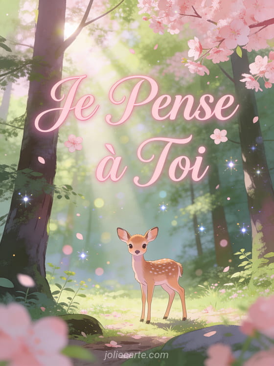 Faon adorable dans une clairière de forêt magique avec rayons de soleil et le texte Je Pense à Toi