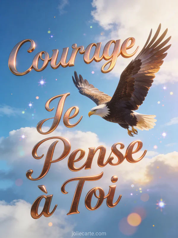 Aigle majestueux planant haut dans un ciel bleu avec nuages et le texte Courage Je Pense à Toi