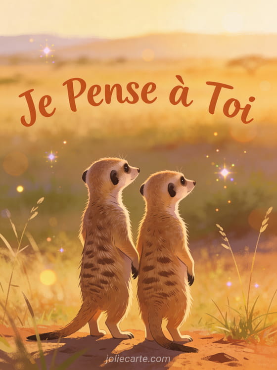 Deux suricates debout ensemble regardant l'horizon dans la savane dorée avec le texte Je Pense à Toi