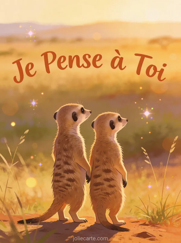 Deux suricates debout ensemble regardant l'horizon dans la savane dorée avec le texte Je Pense à Toi