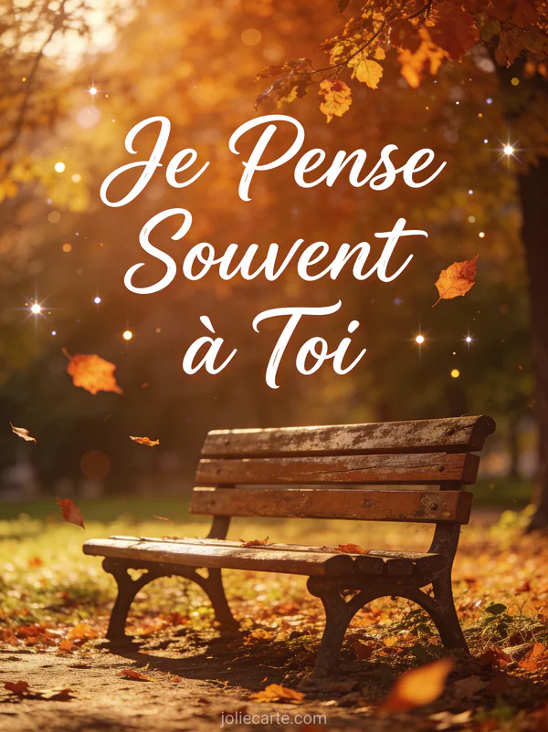 Banc en bois dans un parc avec feuilles d'automne qui tombent et le texte Je Pense Souvent à Toi