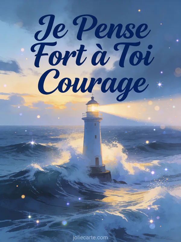 Phare majestueux résistant aux vagues au crépuscule avec le texte Je Pense Fort à Toi Courage