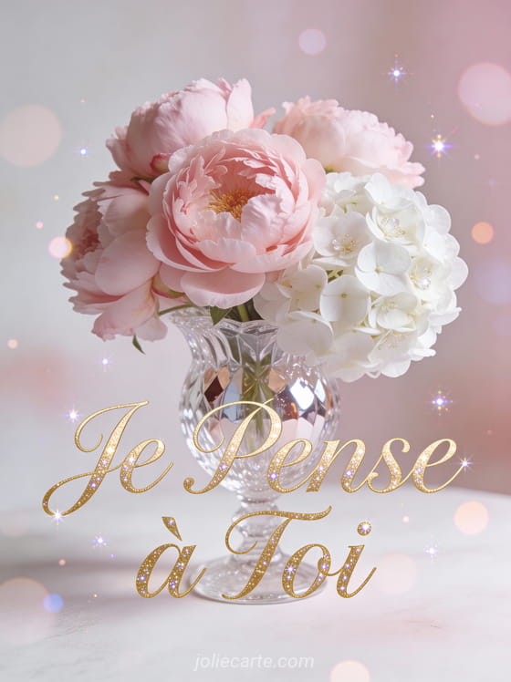 Bouquet de pivoines roses et hortensias blancs dans un vase en cristal avec le texte Je Pense à Toi