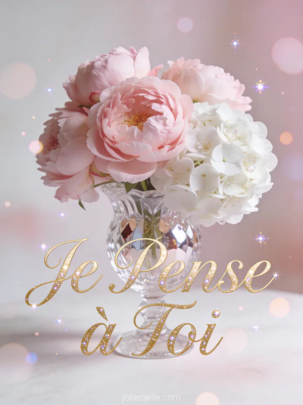 Bouquet de pivoines roses et hortensias blancs dans un vase en cristal avec le texte Je Pense à Toi