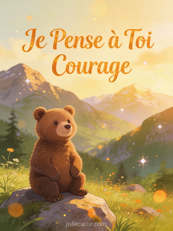 Ourson mignon assis sur un rocher dans une prairie de montagne avec le texte Je Pense à Toi Courage