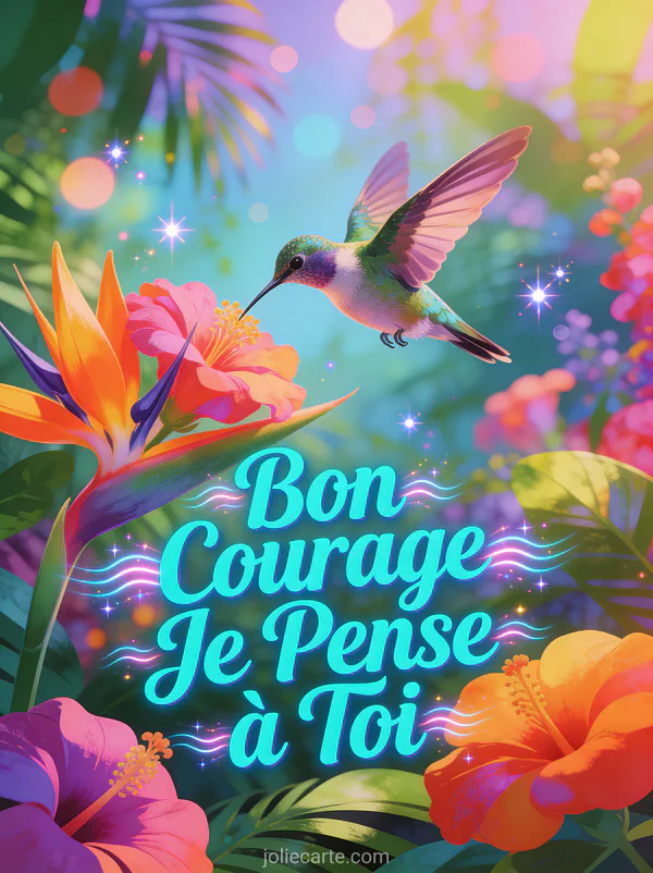 Colibri coloré volant près de fleurs tropicales avec le texte Bon Courage Je Pense à Toi