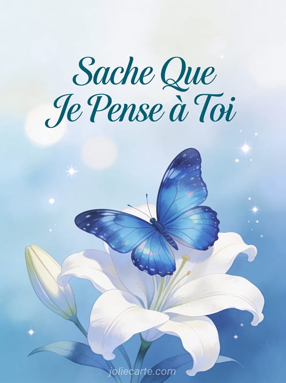 Papillon morpho bleu posé sur un lys blanc dans une atmosphère sereine avec le texte Sache Que Je Pense à Toi