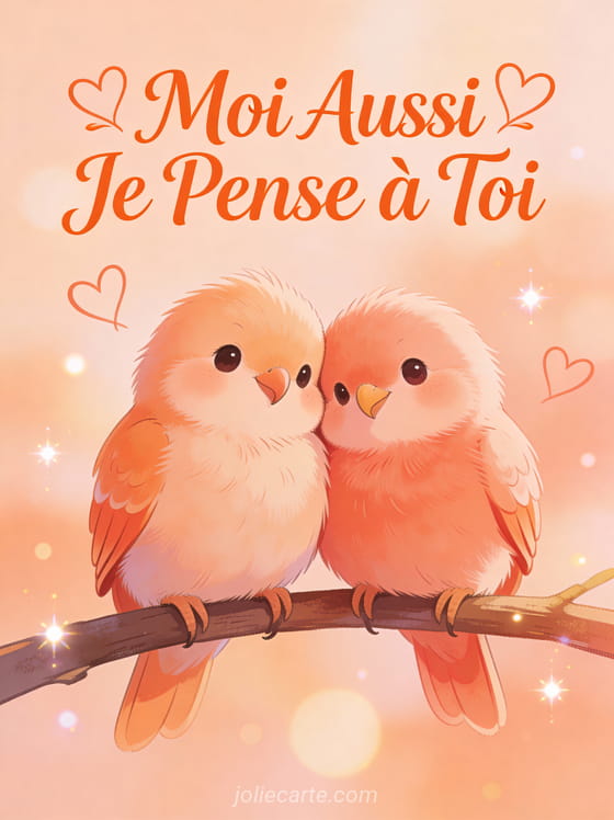 Deux inséparables colorés blottis sur une branche avec le texte Moi Aussi Je Pense à Toi