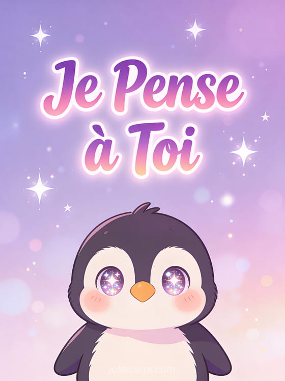 Pingouin kawaii aux grands yeux brillants et joues roses sur fond violet pastel avec le texte Je Pense à Toi