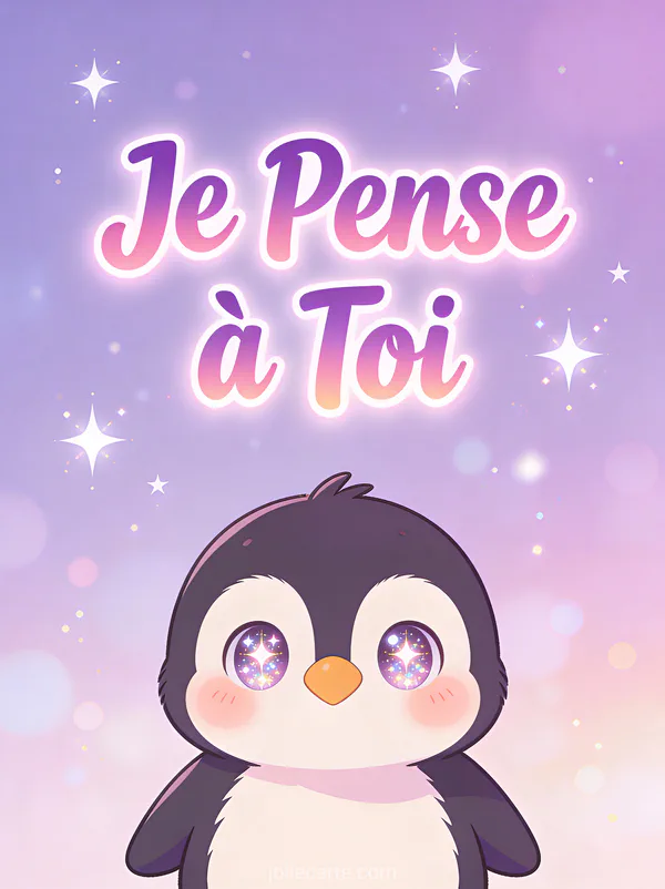Pingouin kawaii aux grands yeux brillants et joues roses sur fond violet pastel avec le texte Je Pense à Toi
