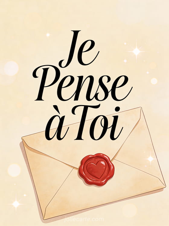 Enveloppe vintage scellée d'un cachet de cire en forme de coeur avec le texte Je Pense à Toi