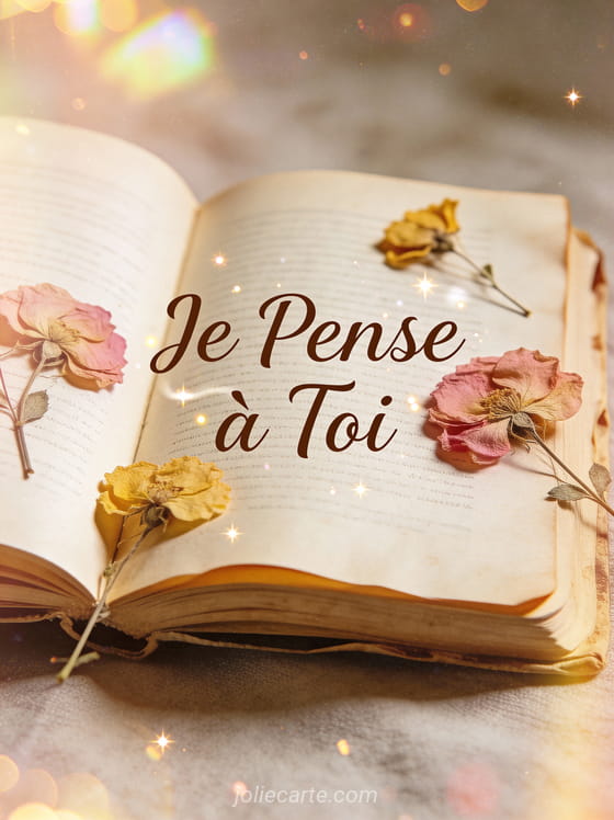 Livre ancien ouvert avec fleurs pressées entre les pages et le texte Je Pense à Toi