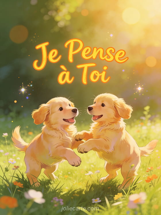 Deux chiots golden retriever jouant ensemble dans une prairie ensoleillée avec le texte Je Pense à Toi