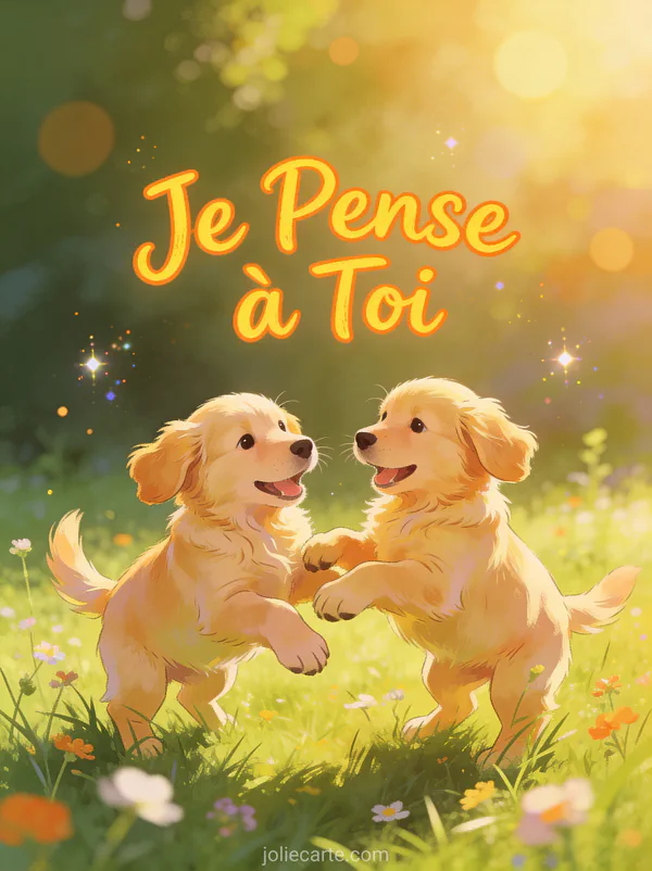 Deux chiots golden retriever jouant ensemble dans une prairie ensoleillée avec le texte Je Pense à Toi
