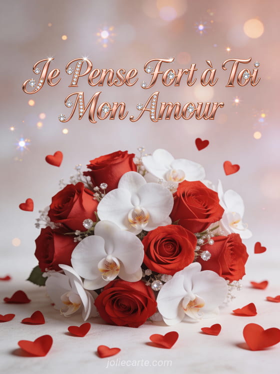 Arrangement de roses rouges et orchidées blanches avec confettis coeurs et le texte Je Pense Fort à Toi Mon Amour