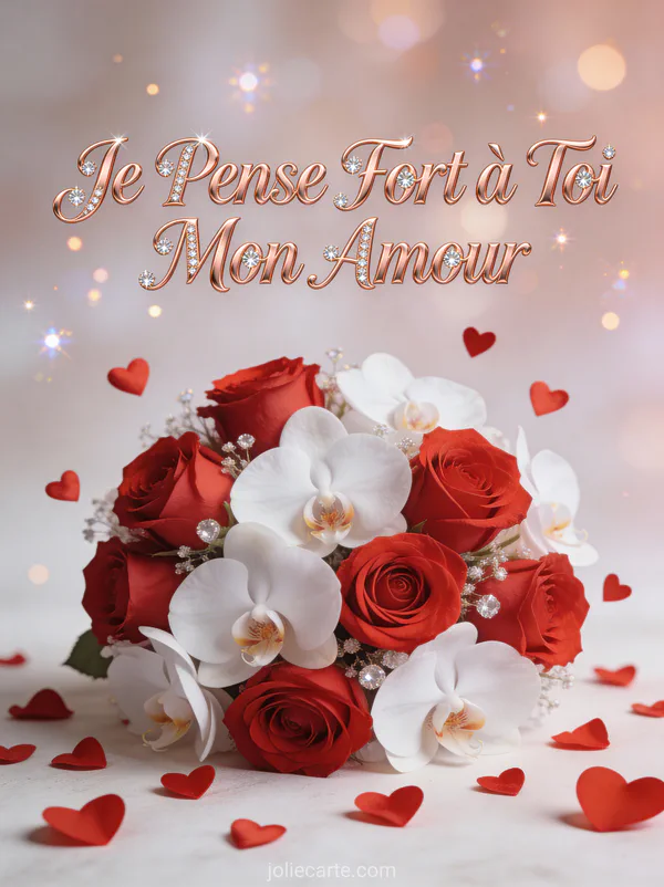 Arrangement de roses rouges et orchidées blanches avec confettis coeurs et le texte Je Pense Fort à Toi Mon Amour