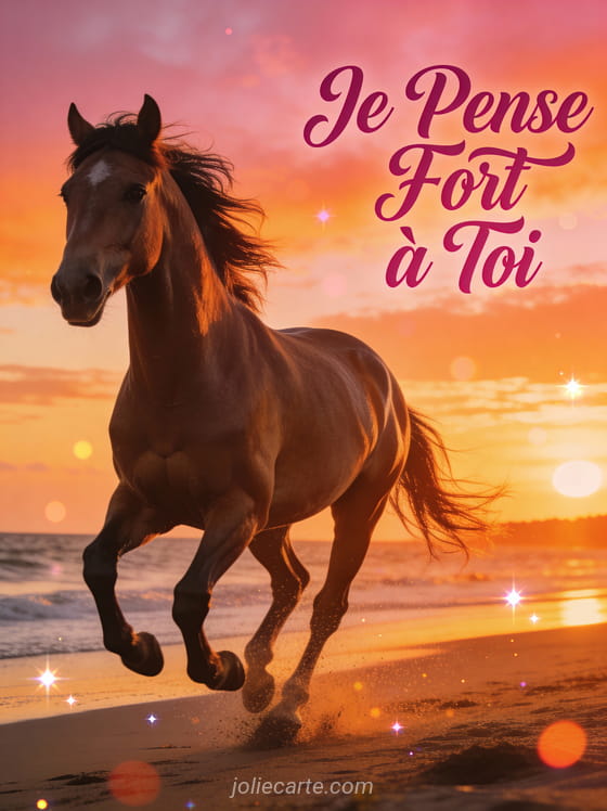 Cheval majestueux galopant sur une plage au coucher du soleil avec le texte Je Pense Fort à Toi