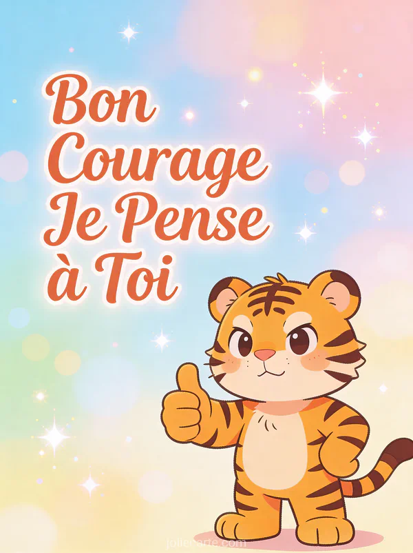 Bébé tigre cartoon déterminé levant le pouce avec le texte Bon Courage Je Pense à Toi