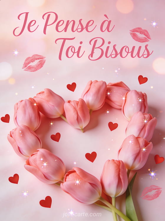 Tulipes roses en arrangement coeur avec petits coeurs flottants et le texte Je Pense à Toi Bisous