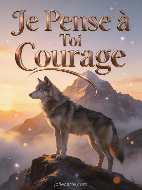Loup majestueux debout sur un pic montagneux à l'aube avec brume et le texte Je Pense à Toi Courage
