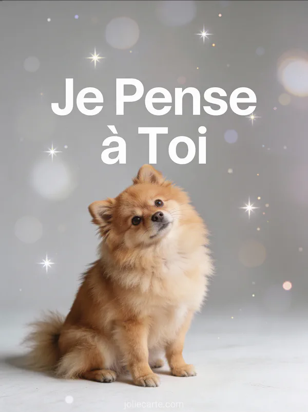 Spitz nain duveteux assis la tête penchée sur fond minimaliste avec le texte Je Pense à Toi