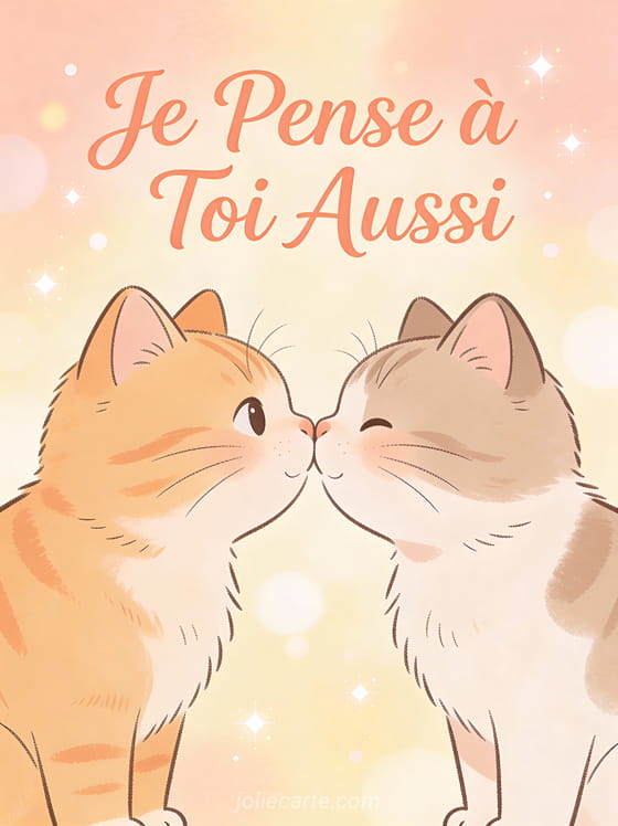Deux chats cartoon mignons se touchant le nez sur fond pastel pêche avec le texte Je Pense à Toi Aussi